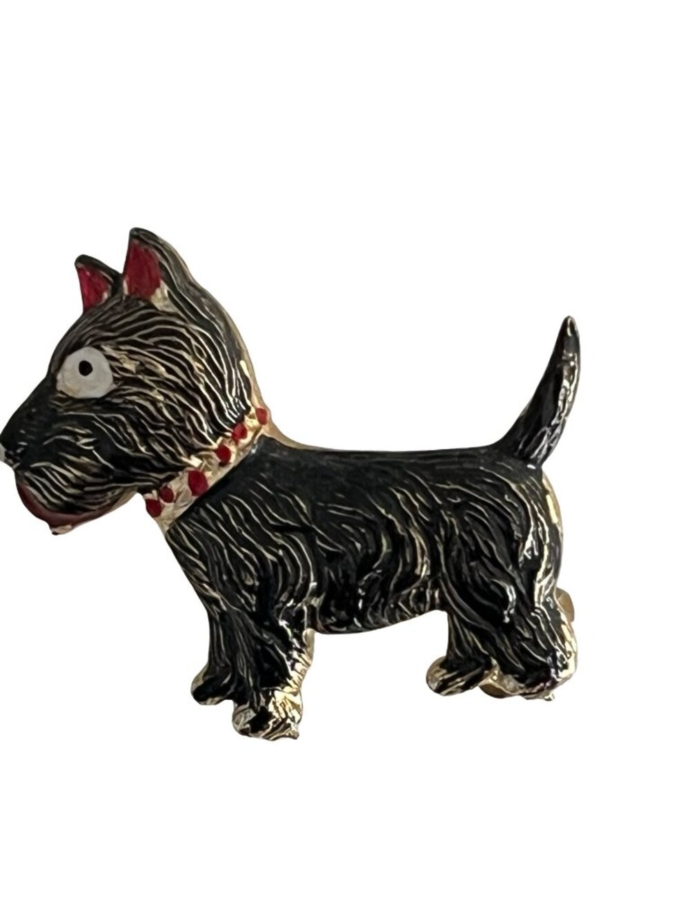 Vintage Scotty Dog Brooch Black Enamel Terrier Pin Red Collar Gold Tone 1980s